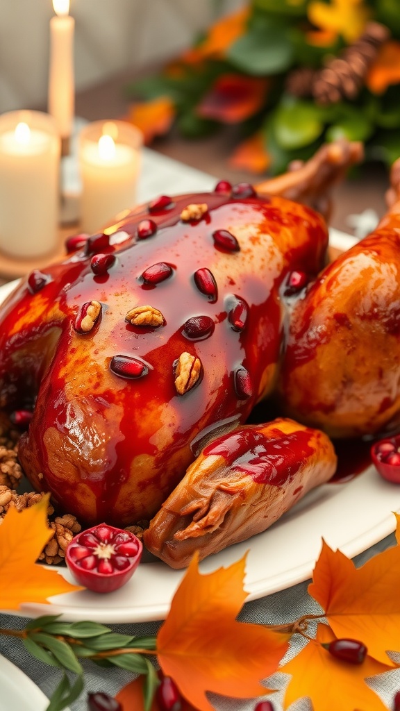 A pomegranate-glazed turkey garnished with walnuts and pomegranate seeds on a festive table.